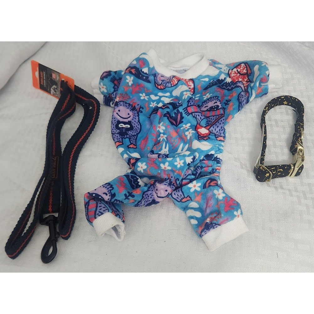 Pet Bundle - Cozy Dog Pajamas + 2 Leashes/Collars | Small Pet Accessories